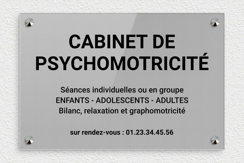 Plaque professionnelle psychomotricien - Plexiglass - 300 x 200 mm - gris-noir - screws-caps - ppro-job-psychomotricien-005-1