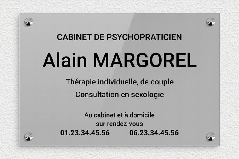 Plaque professionnelle psychopraticien - Plexiglass - 300 x 200 mm - gris-noir - screws-caps - ppro-job-psychopraticien-001-1