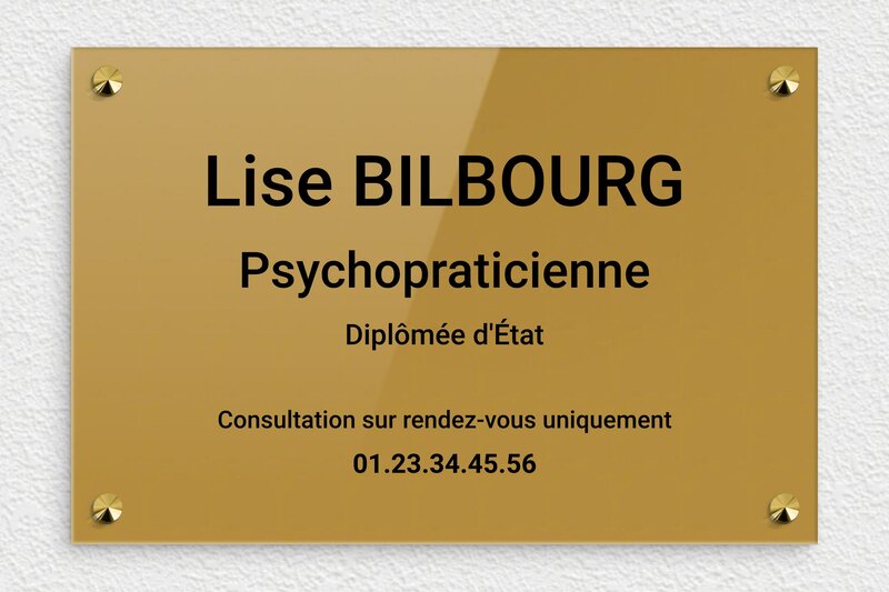 Plaque professionnelle psychopraticien - Plexiglass - 300 x 200 mm - or-fonce-noir - screws-caps - ppro-job-psychopraticien-002-1