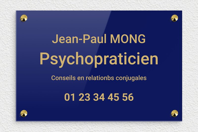 Plaque professionnelle psychopraticien - Plexiglass - 300 x 200 mm - bleu-or - screws-caps - ppro-job-psychopraticien-003-1