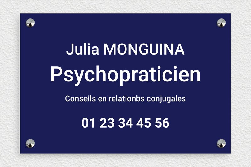 Plaque professionnelle psychopraticien - PVC - 300 x 200 mm - bleu-marine-blanc - screws-caps - ppro-job-psychopraticien-004-1