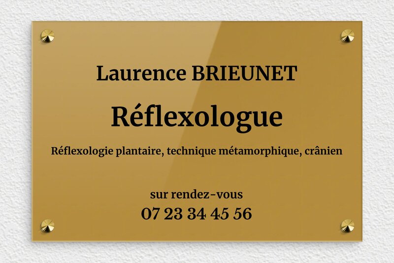 Plaque Réflexologue - Plexiglass - 300 x 200 mm - or-fonce-noir - screws-caps - ppro-job-reflexologue-001-1