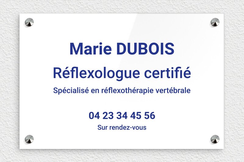 Plaque Réflexologue - Plexiglass - 300 x 200 mm - blanc-bleu - screws-caps - ppro-job-reflexologue-002-1