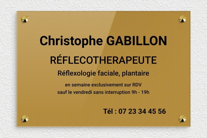 Plaque Réflexologue - Plexiglass - 300 x 200 mm - or-fonce-noir - screws-caps - ppro-job-reflexologue-006-1