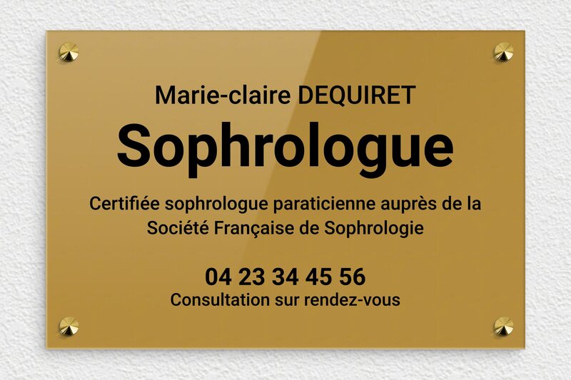 Plaque sophrologue - Plexiglass - 300 x 200 mm - or-fonce-noir - screws-caps - ppro-job-sophrologue-001-1