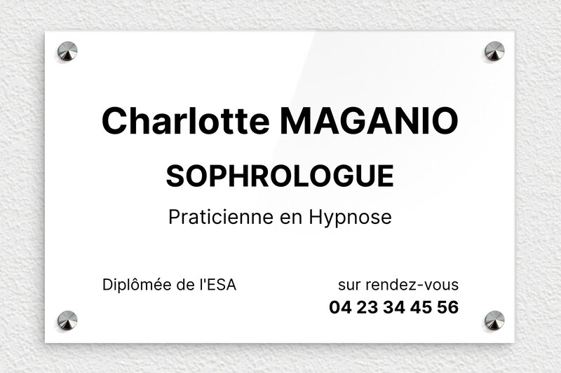 Plaque sophrologue - Plexiglass - 300 x 200 mm - blanc-noir - screws-caps - ppro-job-sophrologue-003-1
