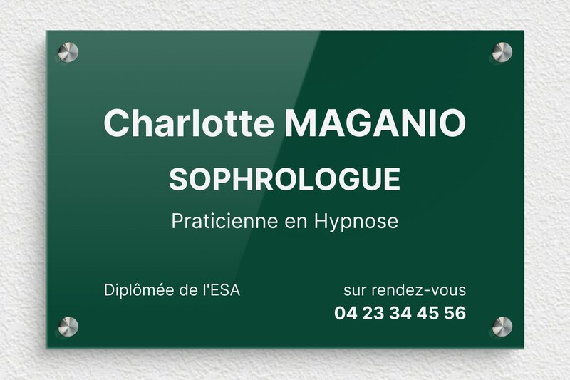 Plaque sophrologue - Plexiglass - 300 x 200 mm - vert-blanc - screws-spacer - ppro-job-sophrologue-006-1