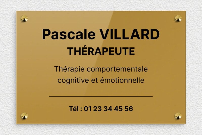 Plaque professionnelle therapeute - Plexiglass - 300 x 200 mm - or-fonce-noir - screws-caps - ppro-job-therapeute-001-1