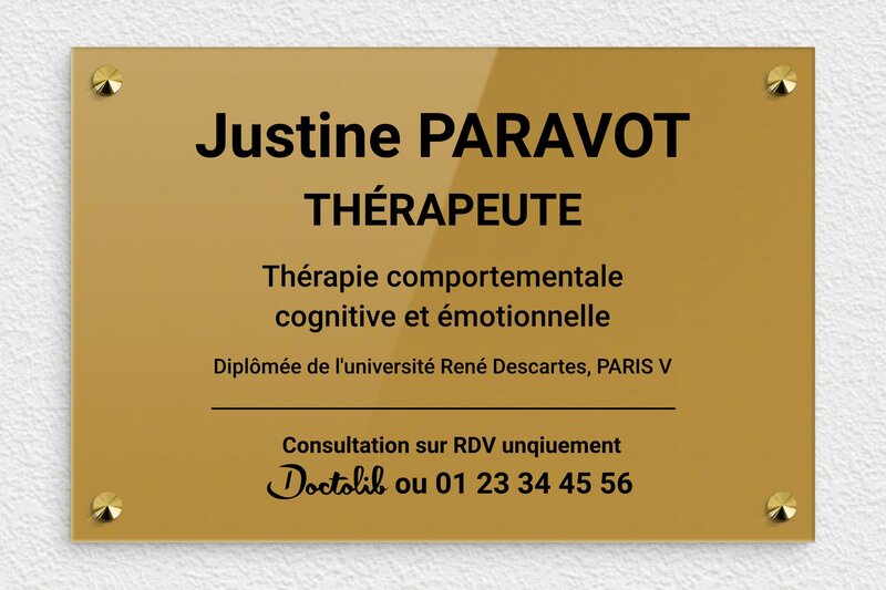 Plaque professionnelle therapeute - Plexiglass - 300 x 200 mm - or-fonce-noir - screws-caps - ppro-job-therapeute-002-1