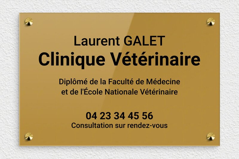 Plaque vétérinaire - Plexiglass - 300 x 200 mm - or-fonce-noir - screws-caps - ppro-job-veterinaire-001-1