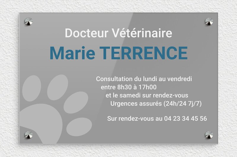Plaque vétérinaire - Plexiglass - 300 x 200 mm - custom - screws-caps - ppro-job-veterinaire-001-2