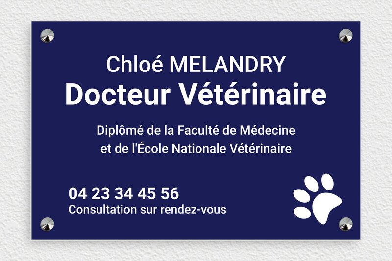 Plaque vétérinaire - PVC - 300 x 200 mm - bleu-marine-blanc - screws-caps - ppro-job-veterinaire-002-1