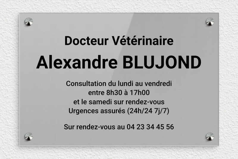 Plaque vétérinaire - Plexiglass - 300 x 200 mm - gris-noir - screws-caps - ppro-job-veterinaire-003-1