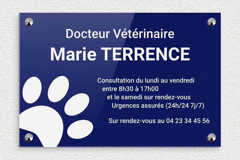 Plaque vétérinaire - Plexiglass - 300 x 200 mm - bleu-blanc - screws-caps - ppro-job-veterinaire-004-1