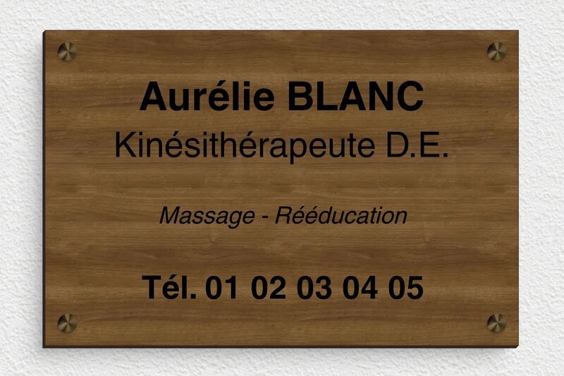 Plaque professionnelle en bois - Bois - 300 x 200 mm - noyer - screws-spacer - ppro-kinesitherapeute-001-525