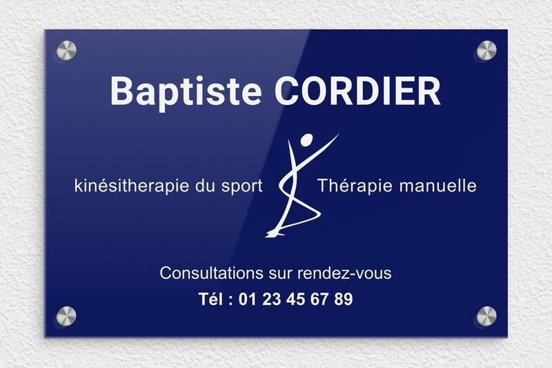 Plaque professionnelle therapeute - Plexiglass - 300 x 200 mm - bleu-blanc - screws-caps - ppro-kinesitherapeute-002-4