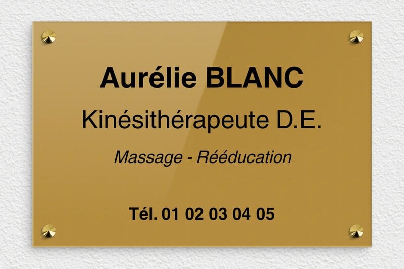 Plaque Kiné - Plexiglass - 300 x 200 mm - or-fonce-noir - screws-caps - ppro-kinesitherapeute-003-0