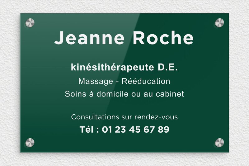 Plaque professionnelle therapeute - Plexiglass - 300 x 200 mm - vert-blanc - screws-caps - ppro-kinesitherapeute-003-4