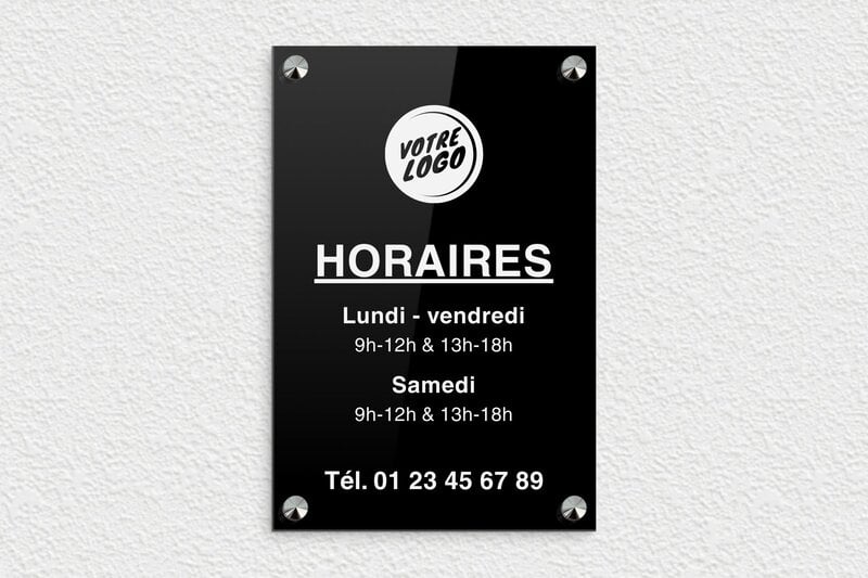 Panneau horaire d'ouverture - Plexiglass - 200 x 300 mm - noir-blanc - screws-caps - ppro-magasin-003-0