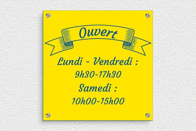 Panneau horaire d'ouverture - PVC - 300 x 300 mm - jaune-bleu - screws-spacer - ppro-magasins-004-4