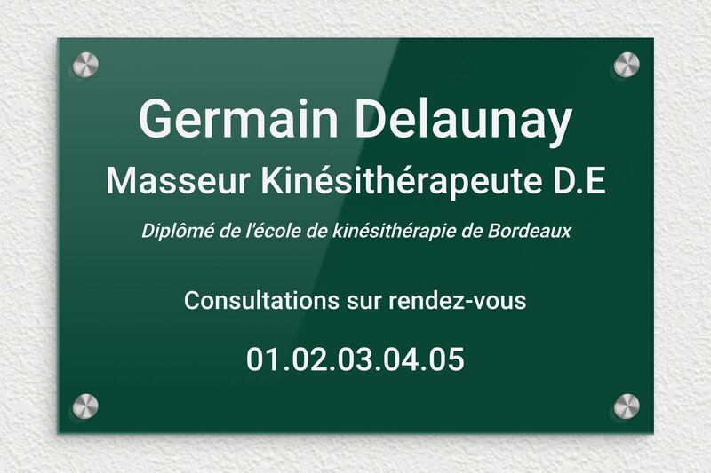 Plaque Kiné - Plexiglass - 300 x 200 mm - vert-blanc - screws-caps - ppro-masseur-kine-003-2
