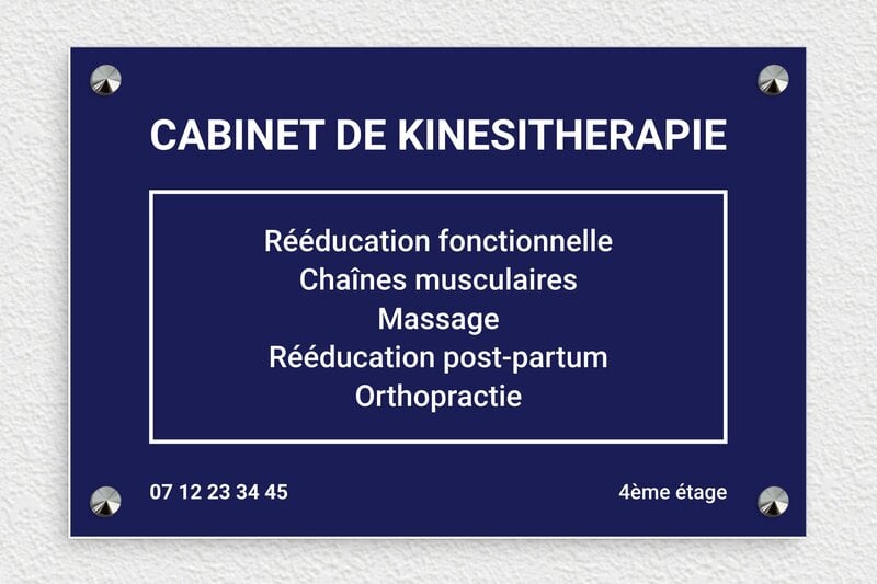 Plaque Kiné - PVC - 300 x 200 mm - bleu-marine-blanc - screws-caps - ppro-masseurkine-004-1