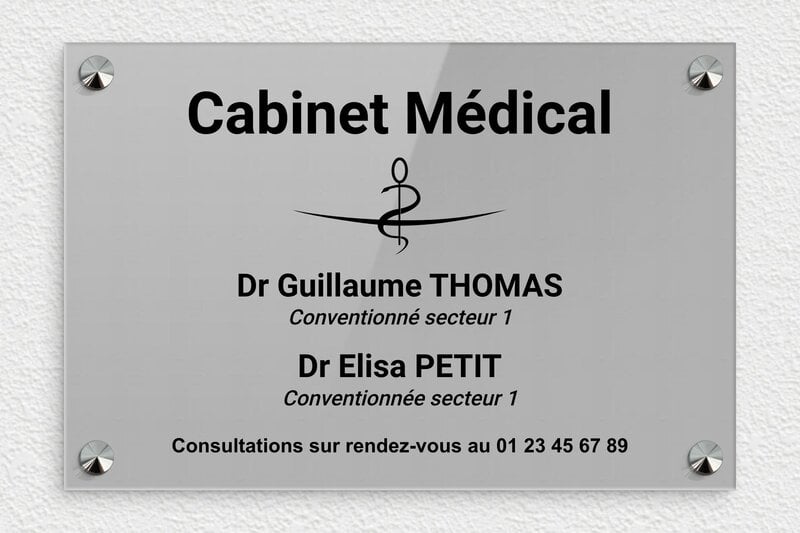 Plaque medecin - Plaque professionnelle médecin - Plexiglass - 300 x 200 mm - gris-noir - screws-caps - ppro-medecin-002-0
