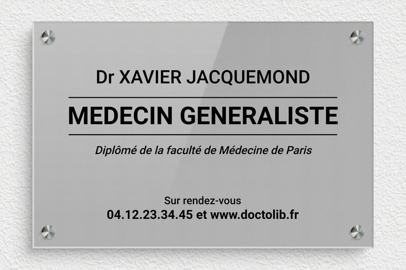 Plaque medecin - Plaque professionnelle médecin - Plexiglass - 300 x 200 mm - gris-noir - screws-spacer - ppro-medecin-002-1