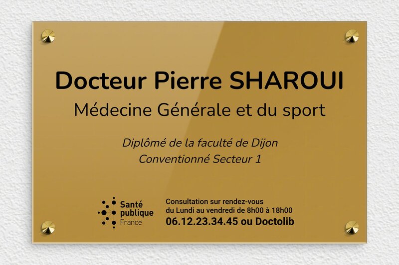 Plaque medecin - Plaque professionnelle médecin - Plexiglass - 300 x 200 mm - or-fonce-noir - screws-caps - ppro-medecin-004-1