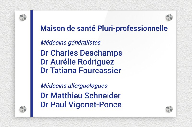Plaque medecin - Plaque professionnelle médecin - Plexiglass - 300 x 200 mm - blanc-bleu - screws-caps - ppro-medecin-004-2