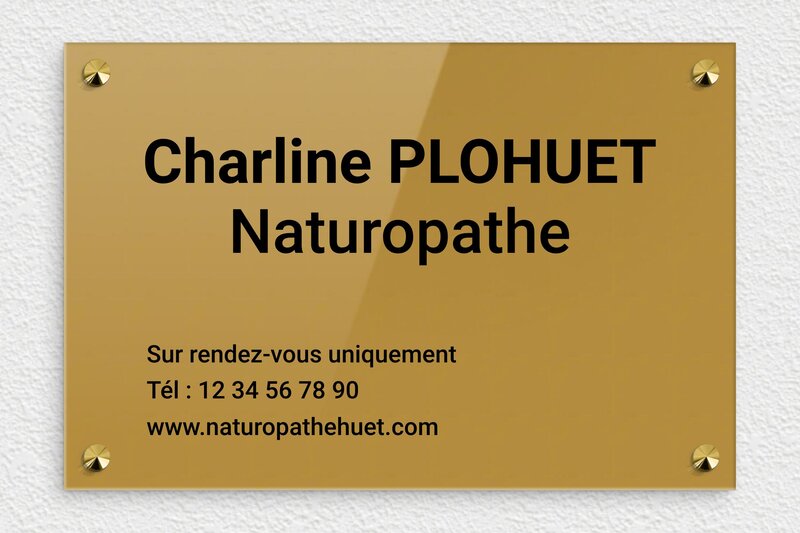 Plaque naturopathe - Plexiglass - 300 x 200 mm - or-fonce-noir - screws-caps - ppro-naturopathe-001-1