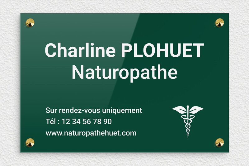 Plaque naturopathe - Plexiglass - 300 x 200 mm - vert-blanc - screws-caps - ppro-naturopathe-003-1