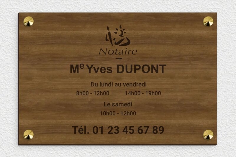 Plaque professionnelle en bois - Bois - 300 x 200 mm - noyer - screws-caps - ppro-notaire-002-047