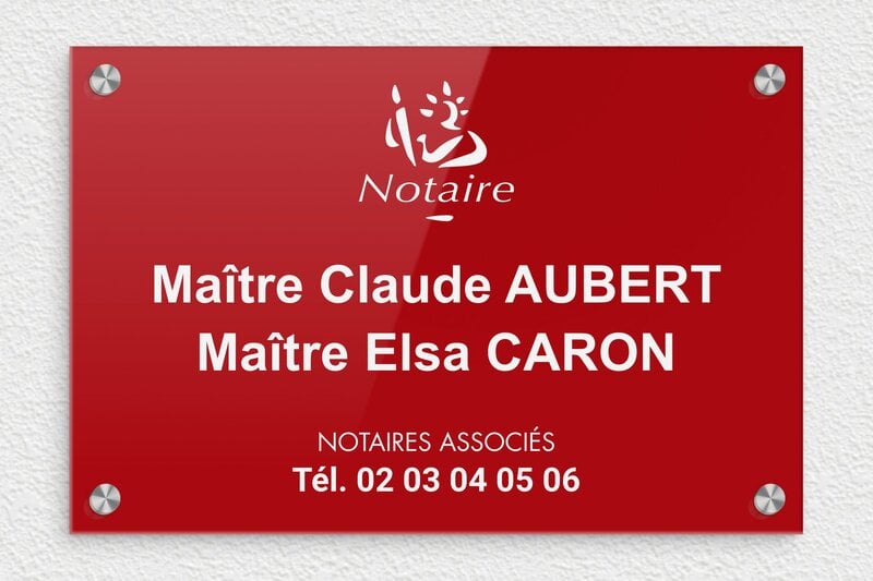 Plaque Notaire - Plexiglass - 300 x 200 mm - rouge-blanc - screws-caps - ppro-notaire-007-1