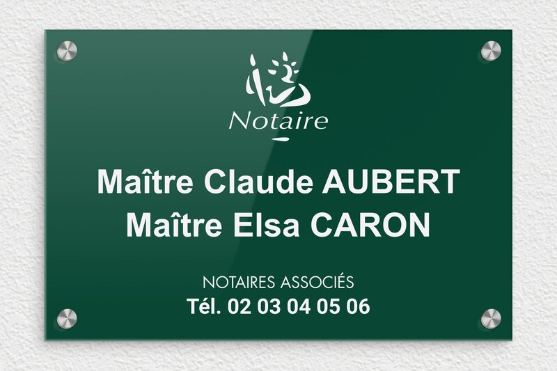 Plaque Notaire - Plexiglass - 300 x 200 mm - vert-blanc - screws-caps - ppro-notaire-012-1