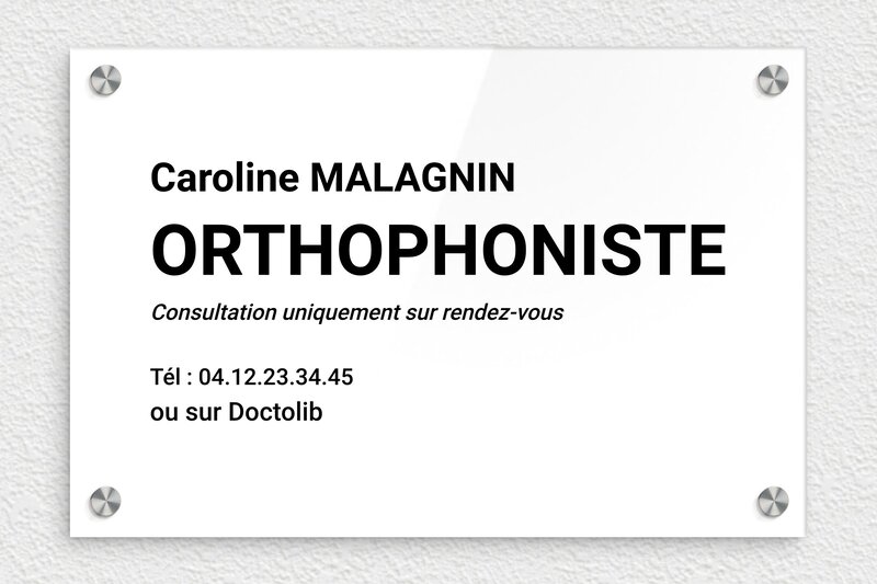 Plaque Orthophoniste - Plexiglass - 300 x 200 mm - blanc-noir - screws-caps - ppro-orthophoniste-001-1