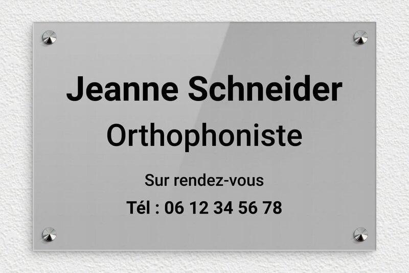 Plaque Orthophoniste - Plexiglass - 300 x 200 mm - gris-noir - screws-caps - ppro-orthophoniste-001-4