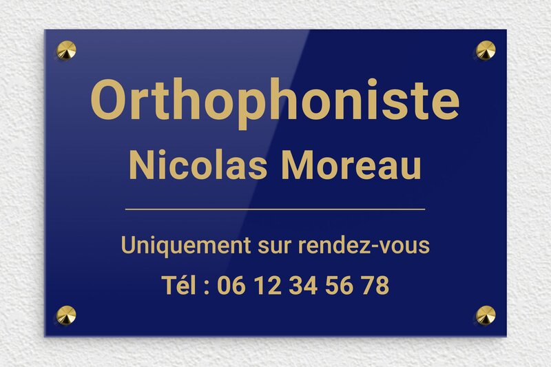 Plaque Orthophoniste - Plexiglass - 300 x 200 mm - bleu-or - screws-caps - ppro-orthophoniste-002-4