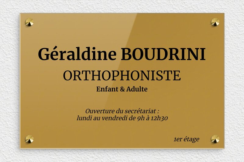 Plaque Orthophoniste - Plexiglass - 300 x 200 mm - or-fonce-noir - screws-caps - ppro-orthophoniste-003-1