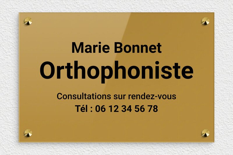 Plaque Orthophoniste - Plexiglass - 300 x 200 mm - or-fonce-noir - screws-caps - ppro-orthophoniste-003-4