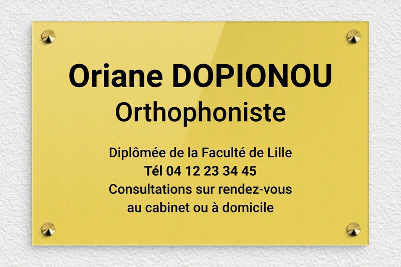 Plaque Orthophoniste - Plexiglass - 300 x 200 mm - or-clair-noir - screws-caps - ppro-orthophoniste-005-1
