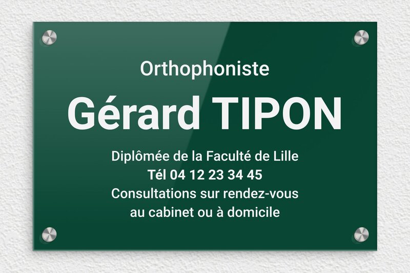 Plaque Orthophoniste - Plexiglass - 300 x 200 mm - vert-blanc - screws-caps - ppro-orthophoniste-007-1
