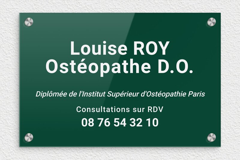 Plaque ostéopathe - Plexiglass - 300 x 200 mm - vert-blanc - screws-caps - ppro-osteopathe-002-4