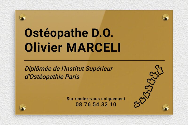 Plaque ostéopathe - Plexiglass - 300 x 200 mm - or-fonce-noir - screws-caps - ppro-osteopathe-003-1