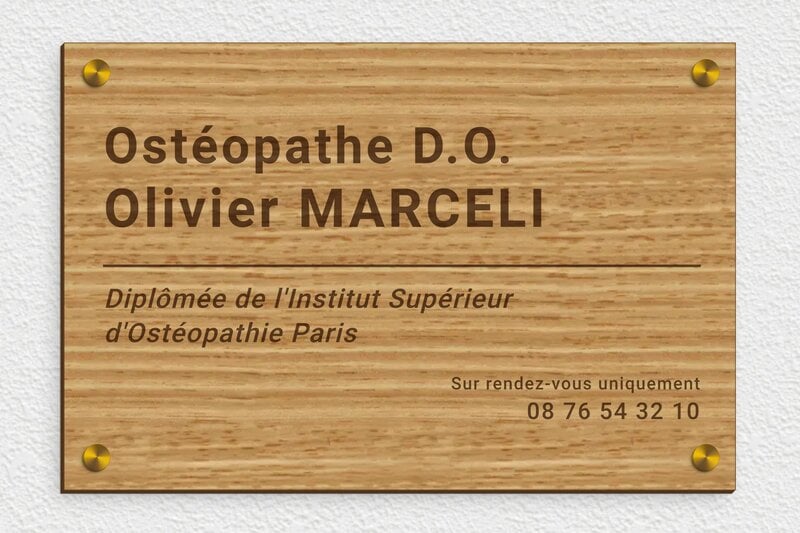 Plaque professionnelle en bois - Bois - 300 x 200 mm - chene - screws-caps - ppro-osteopathe-003-405