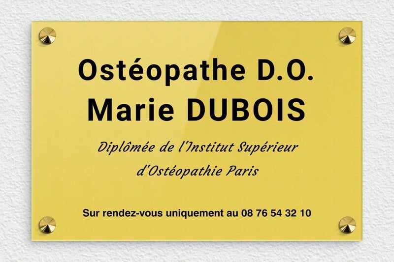 Plaque ostéopathe - Plexiglass - 300 x 200 mm - or-clair-noir - screws-caps - ppro-osteopathe-004-4