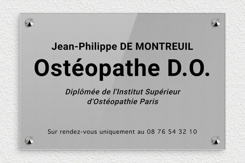 Plaque ostéopathe - Plexiglass - 300 x 200 mm - gris-noir - screws-caps - ppro-osteopathe-005-4