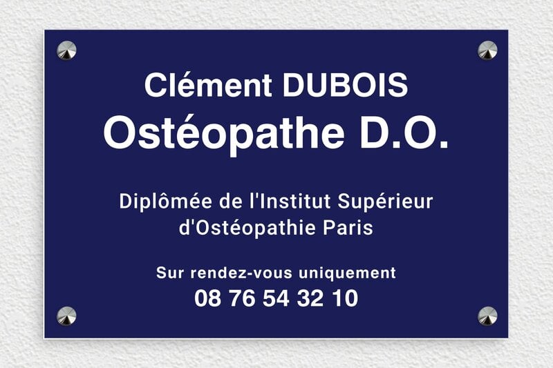 Plaque ostéopathe - PVC - 300 x 200 mm - bleu-marine-blanc - screws-caps - ppro-osteopathe-bois-001-1