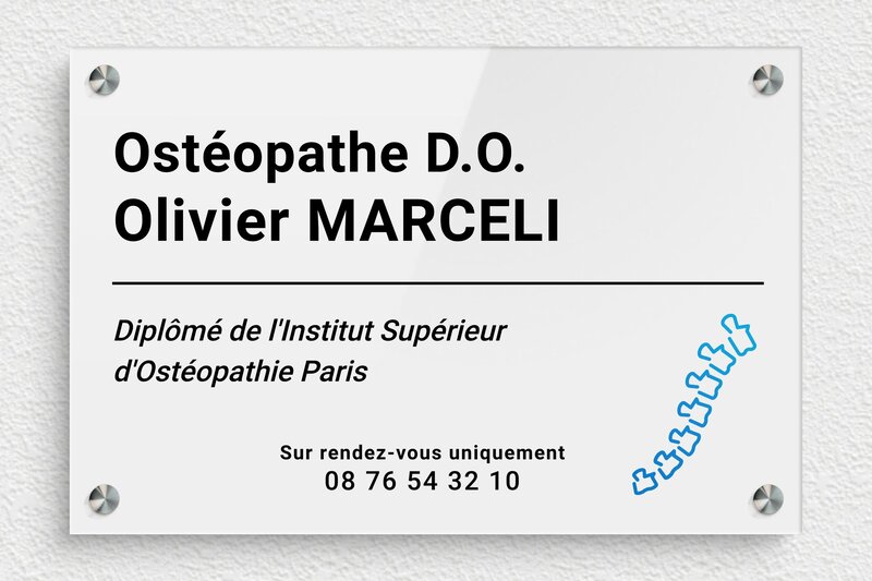 Plaque ostéopathe - Plexiglass - 300 x 200 mm - custom - screws-spacer - ppro-osteopathe-quadri-001-1
