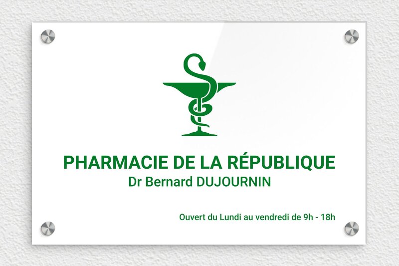 Plaque Pharmacie - Plexiglass - 300 x 200 mm - blanc-vert - screws-caps - ppro-pharmacie-001-1